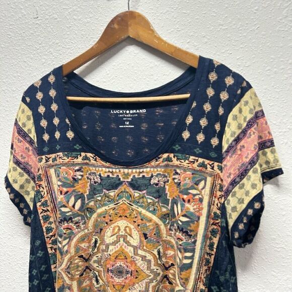 Lucky Brand Mandala Card Blue Persian Print Boho T Shirt Women’s Size 1X - Picture 2 of 14